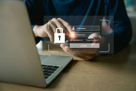 The image shows a person on a phone with a login screen overlay. The login screen has fields for username and password with a lock icon next to them, and options for "remember me" and "forgot password